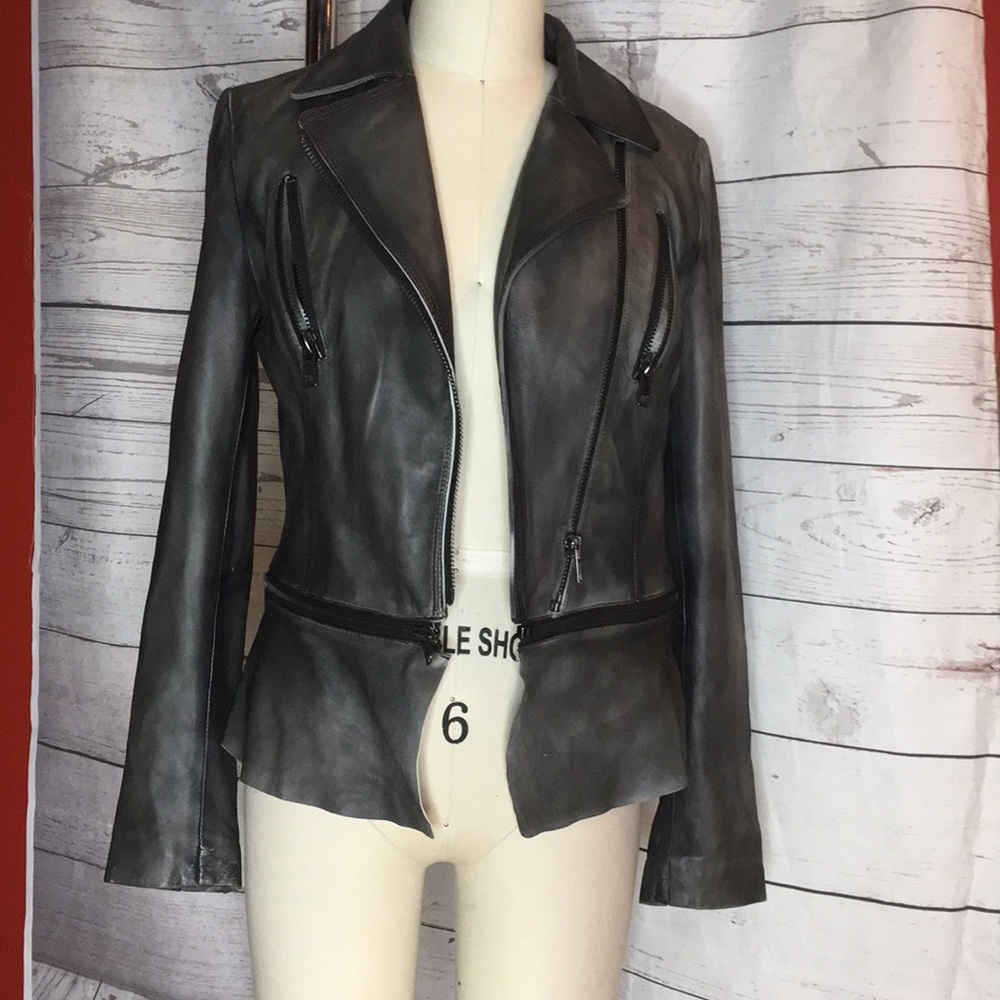 STATE & OAK REAL LEATHER STRUCTURED JACKET zip bottoms off 2 way
